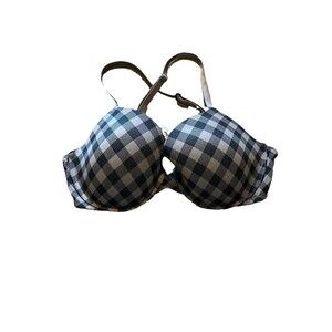 Victorias Secret 36D Bra Black and Gray Plaid Lined Demi Underwire Back Closure